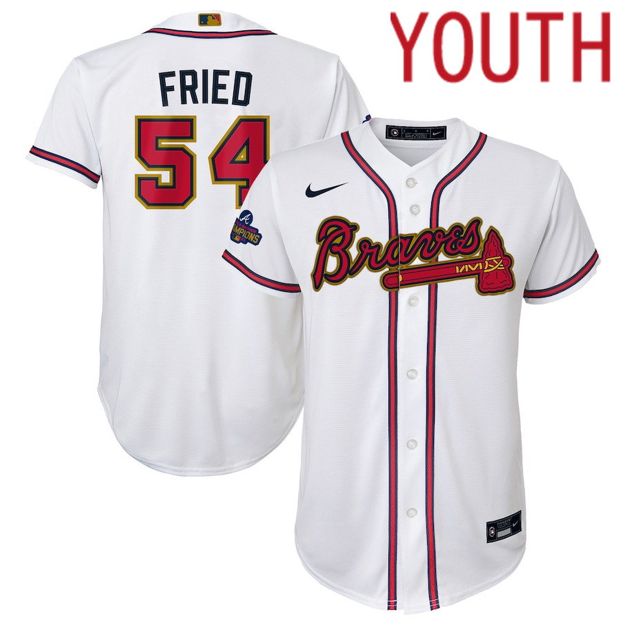 Custom Youth Atlanta Braves #54 Max Fried Nike White 2022 Gold Program Replica Player MLB Jersey
